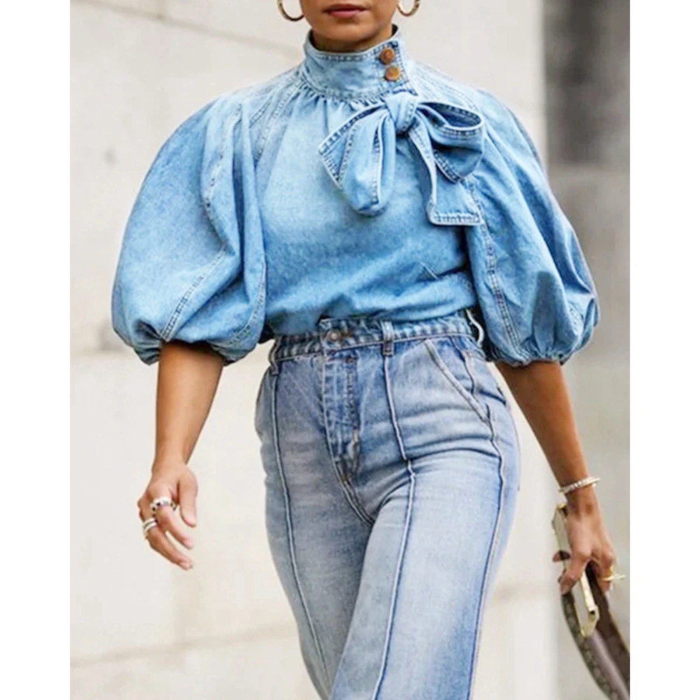 

Women Bowknot Design Half Sleeve Denim Blouse Top Casual High Neck Buttoned Lantern Sleeve Shirt Female Spring Blusa Mujer Traf