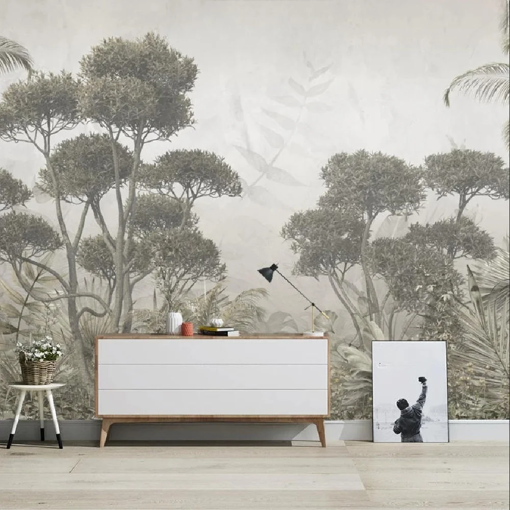 Customize wallpaper Nordic hand-painted retro art stereoscopic black and white forest landscape mural hotel background wallpaper