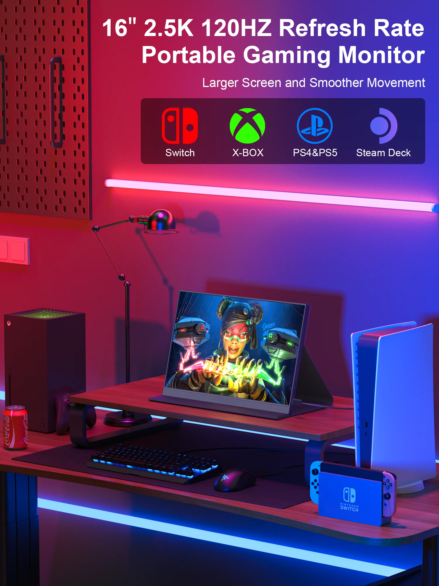 شاشة Amoudo 16 بوصة 2560*1600P 120 هرتز محمولة FHD شاشة كمبيوتر محمول لأجهزة الكمبيوتر المحمول/الكمبيوتر الشخصي/Mac/PS345/X-bo شاشة موسع