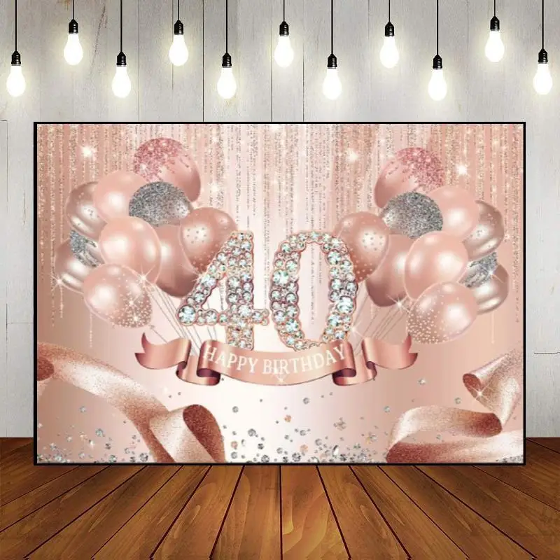 Happy 40th Birthday Decorations for Women Man Rose Gold Backdrop Banner Party Suppiles Photography Wall Custom