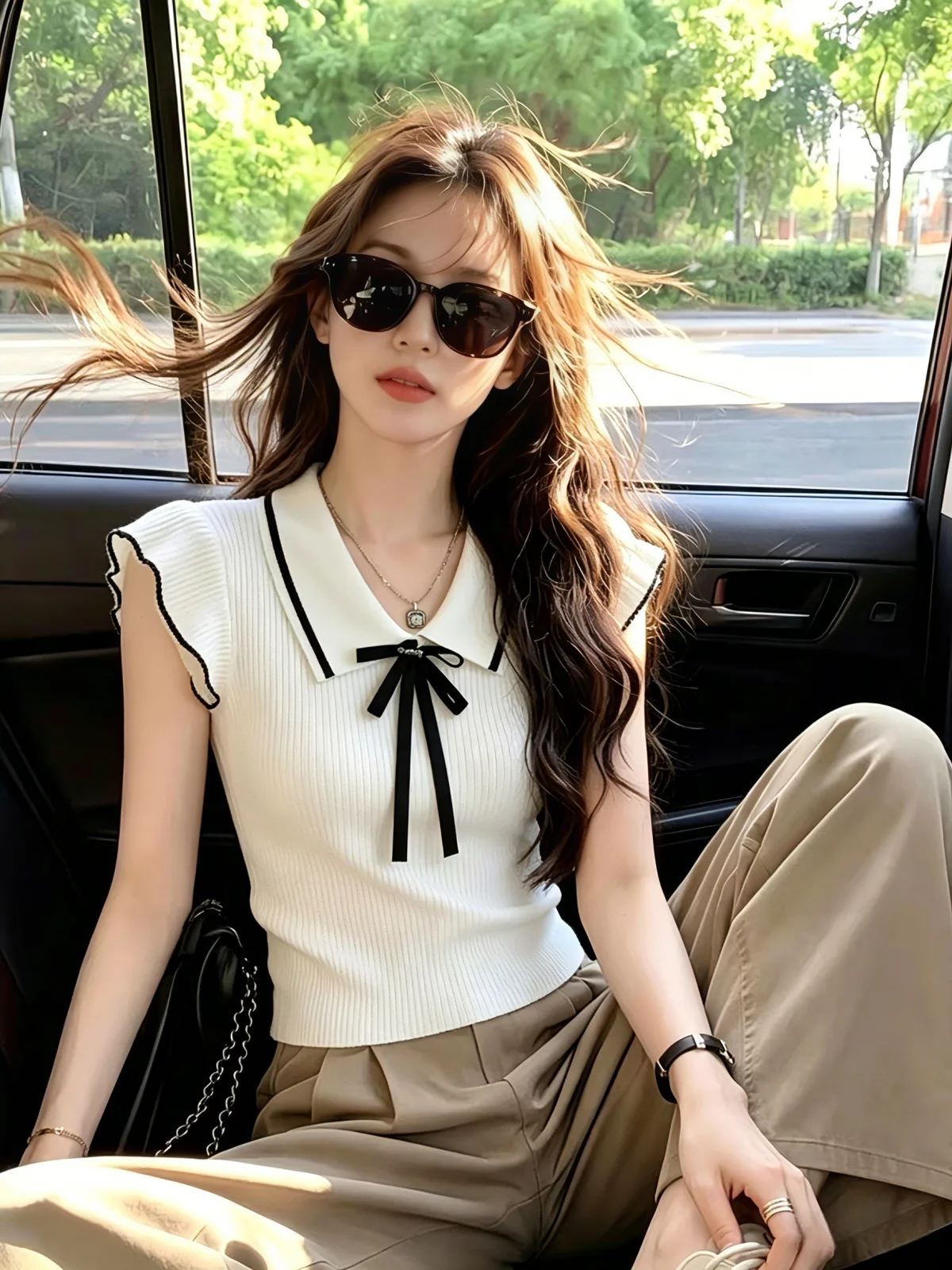 

Korean Style Knitted T-Shirt Women's Summer New Fashion Turn-down Collar Slim-fit Top with Ribbon Tie Fly-sleeve Design