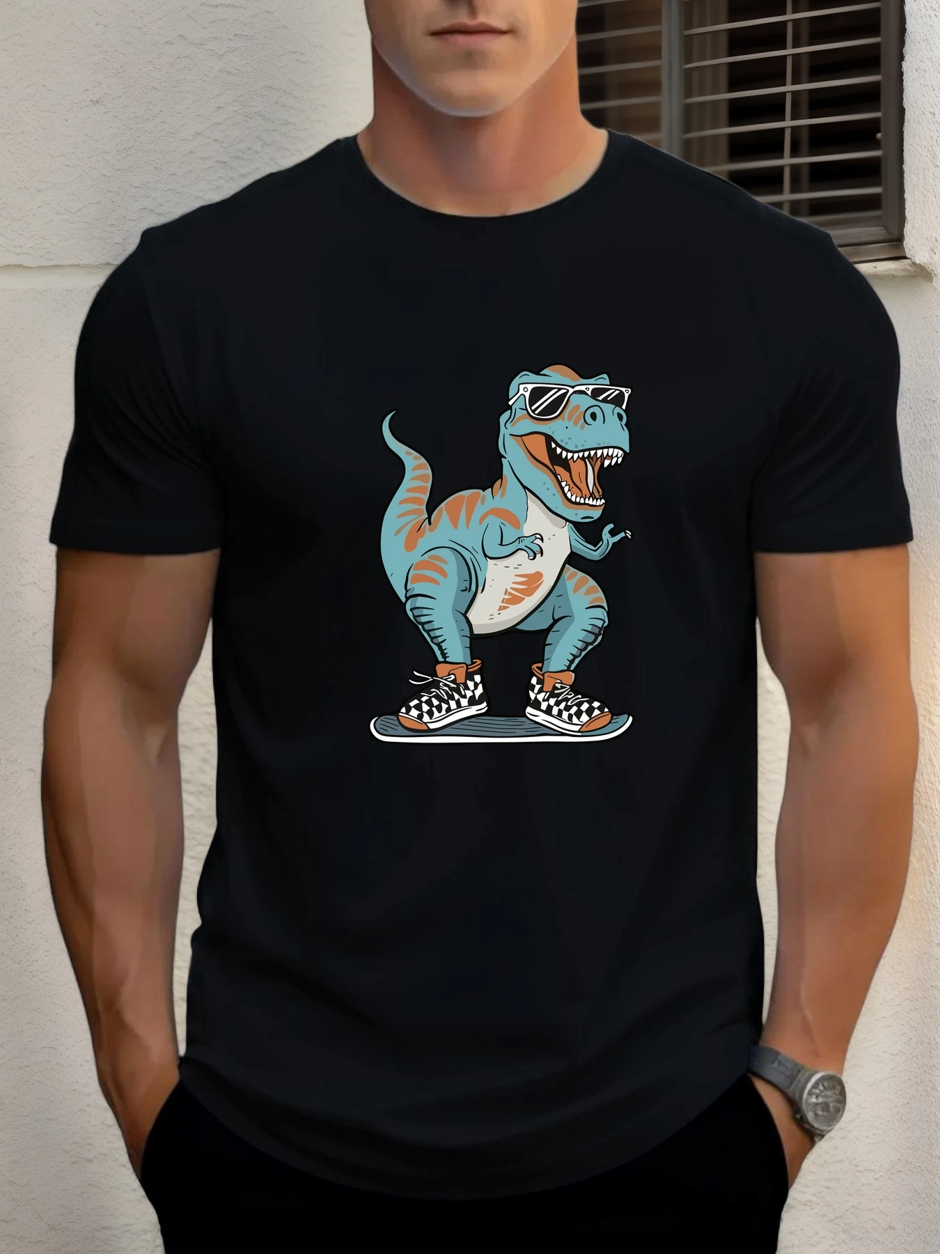 

2025 Summer Men's Cotton T Shirt Skateboard Dinosaur Trendy Print Round Neck T-Shirt Casual Breathable Street Style Daily Top