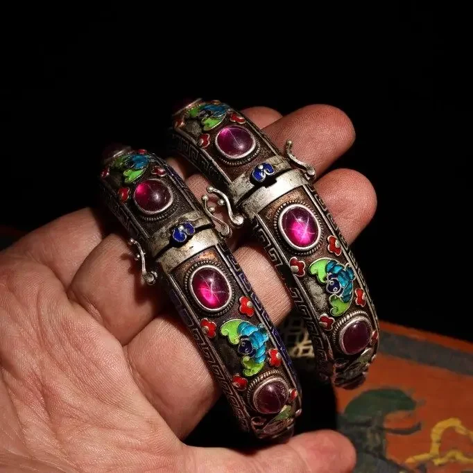 rare flower silk inlaid cloisonne red star gemstone bracelet collected in Qing Dynasty court royal collection, single price
