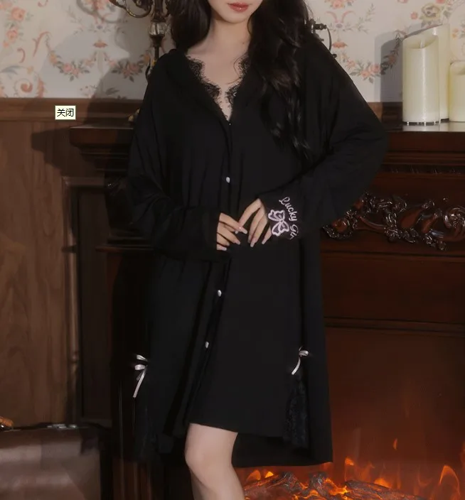 Modal Long Sleeve Cardigan Pajamas Sexy Home Clothes V-neck Lace Shirt Nightgown Pure Desire Girl Lazy Sleepwear