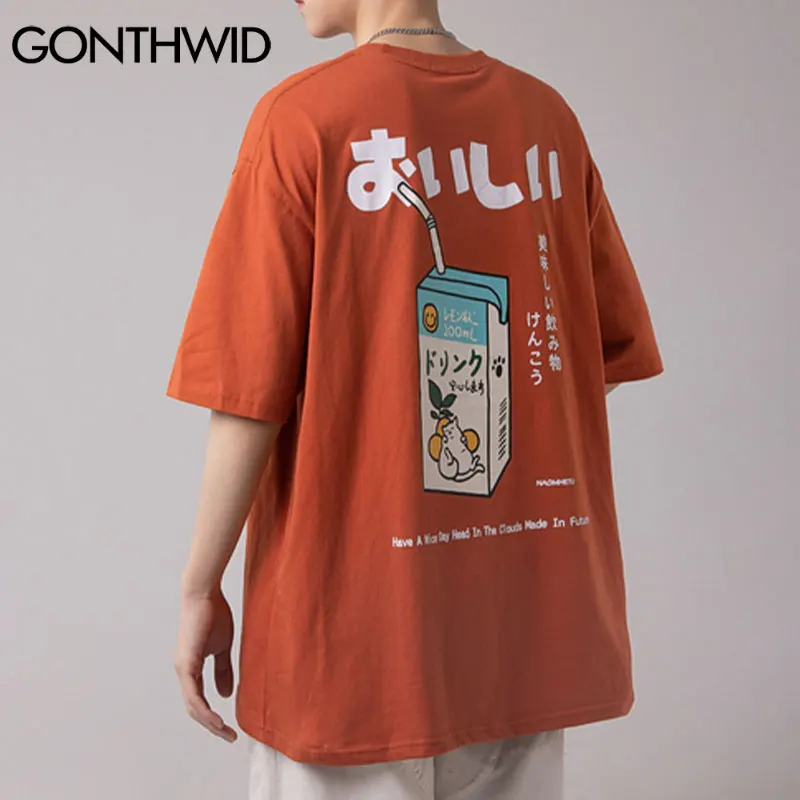 Hip Hop Tshirt 2023 Men Japanese Kanji Letter Drink Print Embroidery T Shirt Streetwear Harajuku Summer Short Sleeve T-Shirt