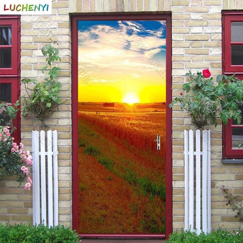 

Papel de parede sunset field blue sky and white clouds landscape door sticker bedroom door wallpaper mural , home decoration