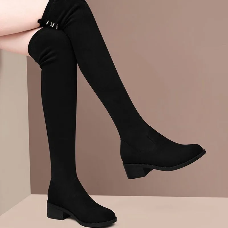 Knee High Shaft Shoes Woman Round Toe Thigh Fur Long Boots for Women Middle Heel Above Over The Footwear Waterproof Fashion 2024