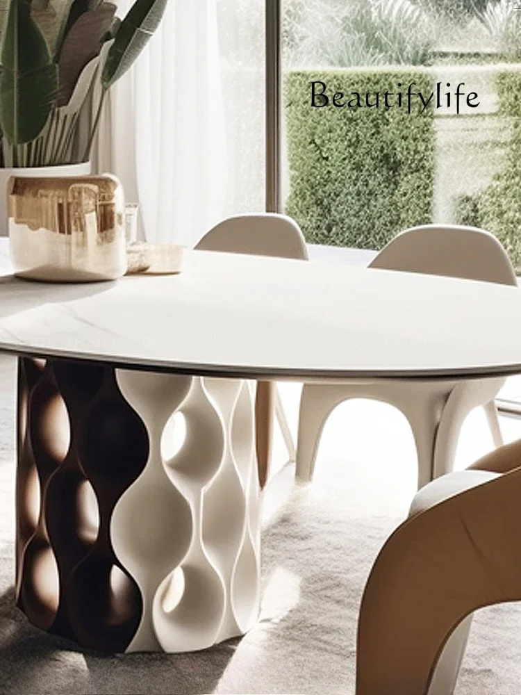 35 N Luxury stone rock slab dining table, cream long dining table 2 meters long table, wabi sandy creative dining table