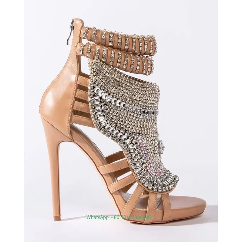 Lady hollow elegant full rhinestone leather nude sandals party pumps color diamond luxury design sandals large size 46 footwear