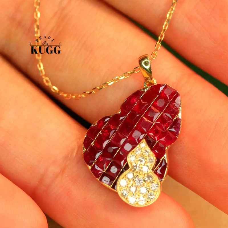

KUGG 100% ожерелье из желтого золота 18 карат, модное ожерелье в форме тыквы с блестящими бриллиантами и натуральным рубином для женщин, ювелирные изделия для вечеринок
