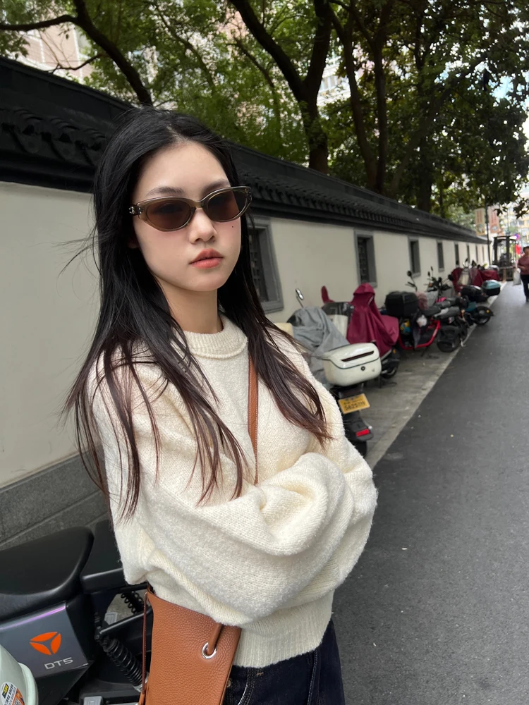 

Свободный удлиненный свитер с круглым вырезом, базовый, бежевый, темно-синий, Icyangstore, удобный, осенне-зимний, женский трикотаж