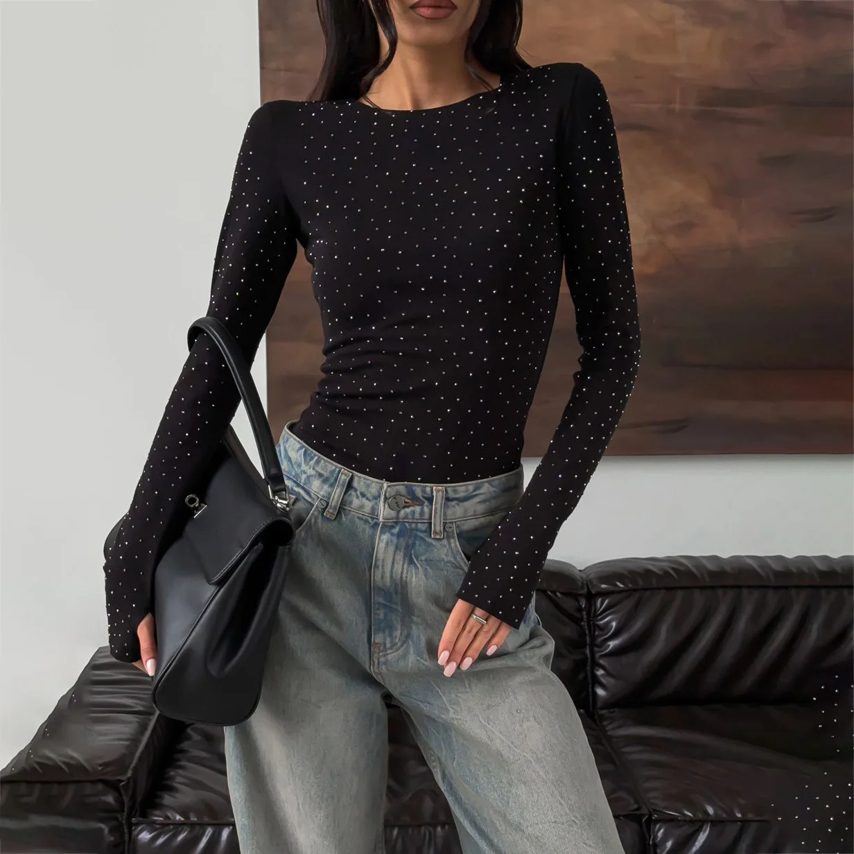 Women's Delicate Baddie Black Top 2026 Spring New Stretchy Knit Crew Neck Long Sleeve Full Rhinestone Fitted Dating Casual Top