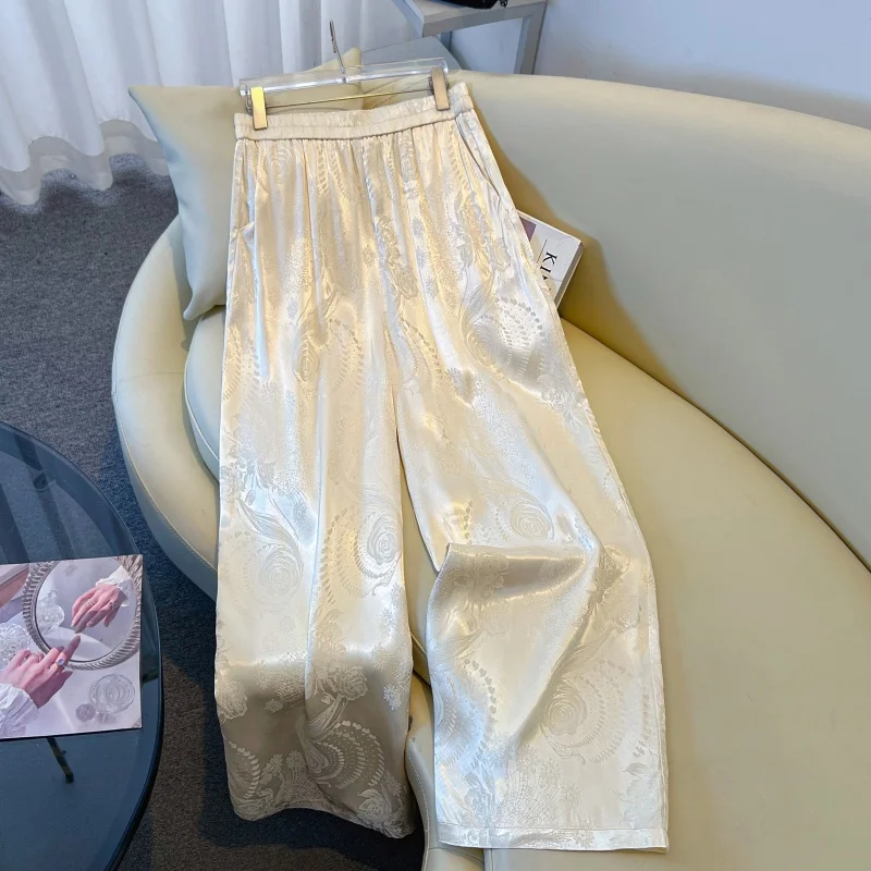 New Chinese Style Spring New Heavy Embroidery Slimming Wide Leg Straight Pants Silk Fabric Ethnic Trendy Long Trousers