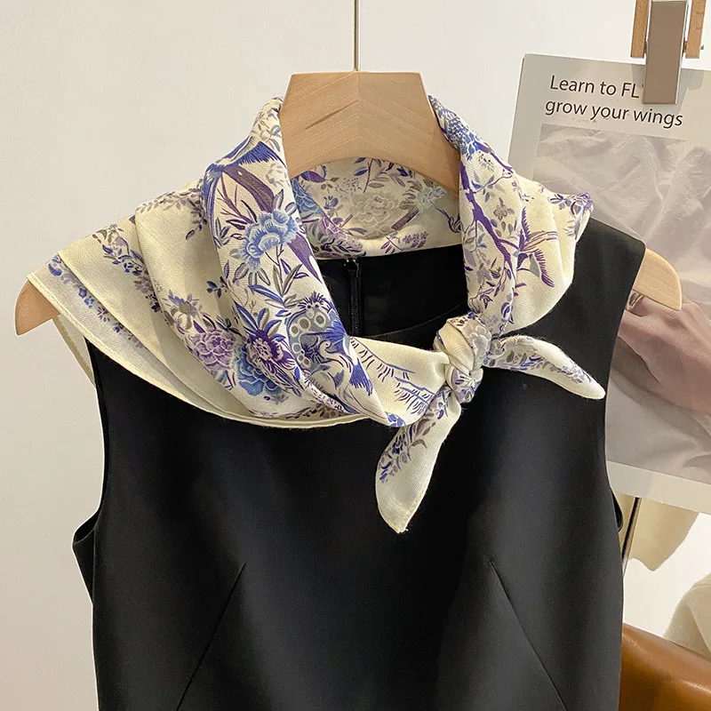 ผ้าฝ้ายผู้หญิงผ้าพันคอสแควร์Foulard Ladyคอผมผ้าพันคอออกแบบพิมพ์หัวKerchiefแฟชั่นสาวผ้าพันคอ 2023 ใหม่