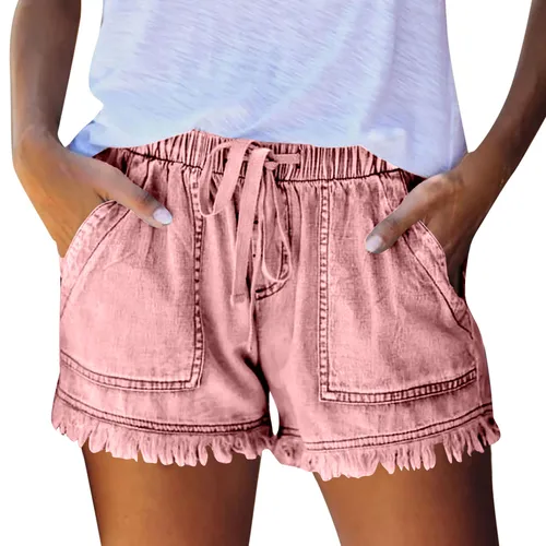 Imagen 2 del producto Pantalones cortos de mezclilla lavados para mujer, pantalones cortos de mezclilla con borde de borla adelgazante, cintura elástica Sexy, bolsillos de ocio, verano, moda
