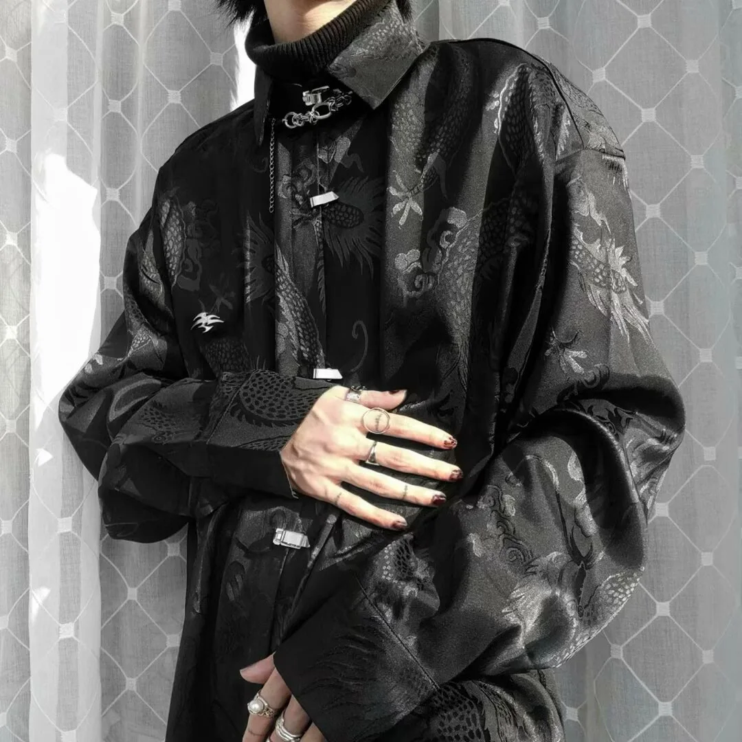 

Жаккардовая рубашка с китайским драконом, комплект из 2 предметов для мужчин, уникальные мужские рубашки на пуговицах с длинными рукавами, эстетичная мужская одежда High Street