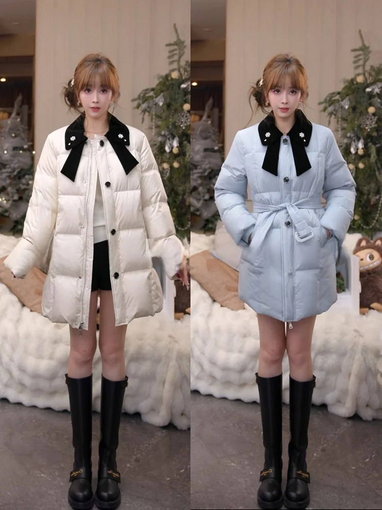 

Mimius Korean Sle Mid-Length Quilted Jaet Color Blo Collar Waist-Cinching down Jaet Warm Long Sve Coat