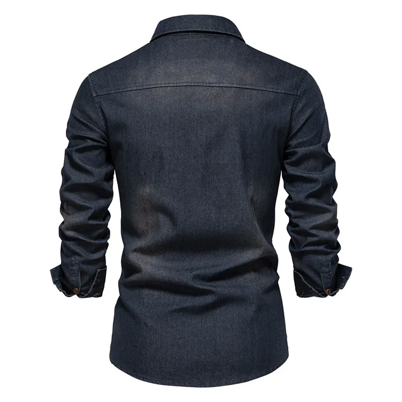 High Quality Men Denim Shirt Autumn Solid Color Pocket Long Sleeved Shirts Casual Slim Retro Denim Tops Mens Designer Clothing