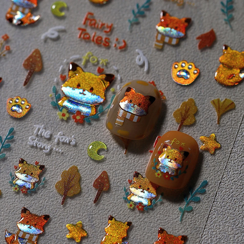 

Lovely Fox Claw Paw Print Ginkgo Leaf Flower Moon Star Fairy Tales Forest Jelly 5D Nail Art Sticker Self Adhesive Manicure Decal