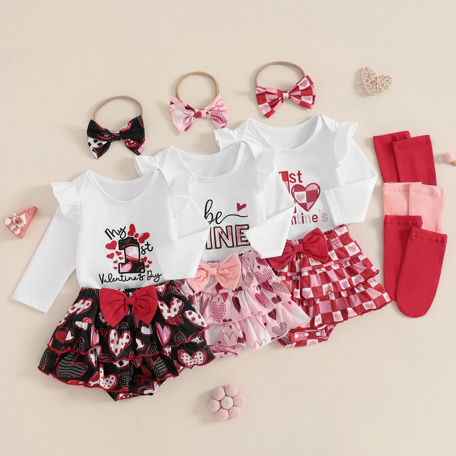 Baby Girl First Valentines Day Outfit Heart Long Sleeve Romper Layered Ruffle Shorts Bow Headband Socks Girls Spring Clothes