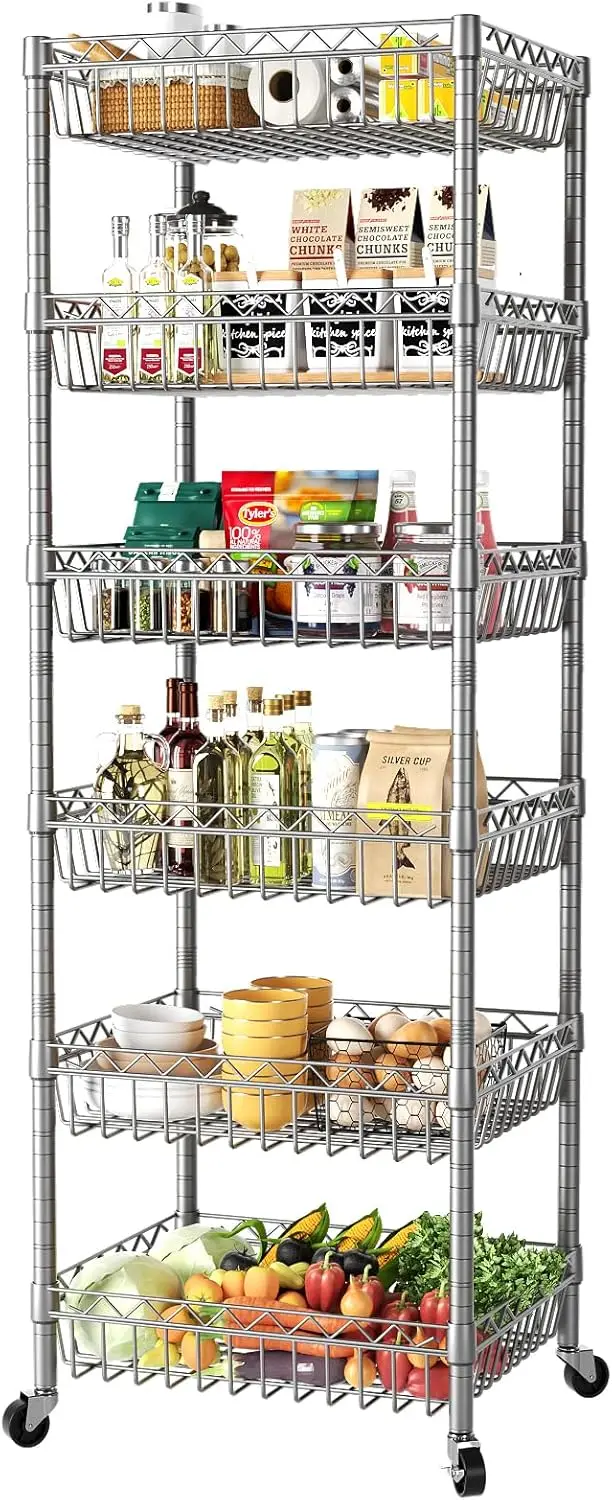 

Adjustable Metal Shelving Unit with Wheels, 13.5"D x 13.5"W x 63"H Silver for Kitchen Pantry Laundry Room Storage