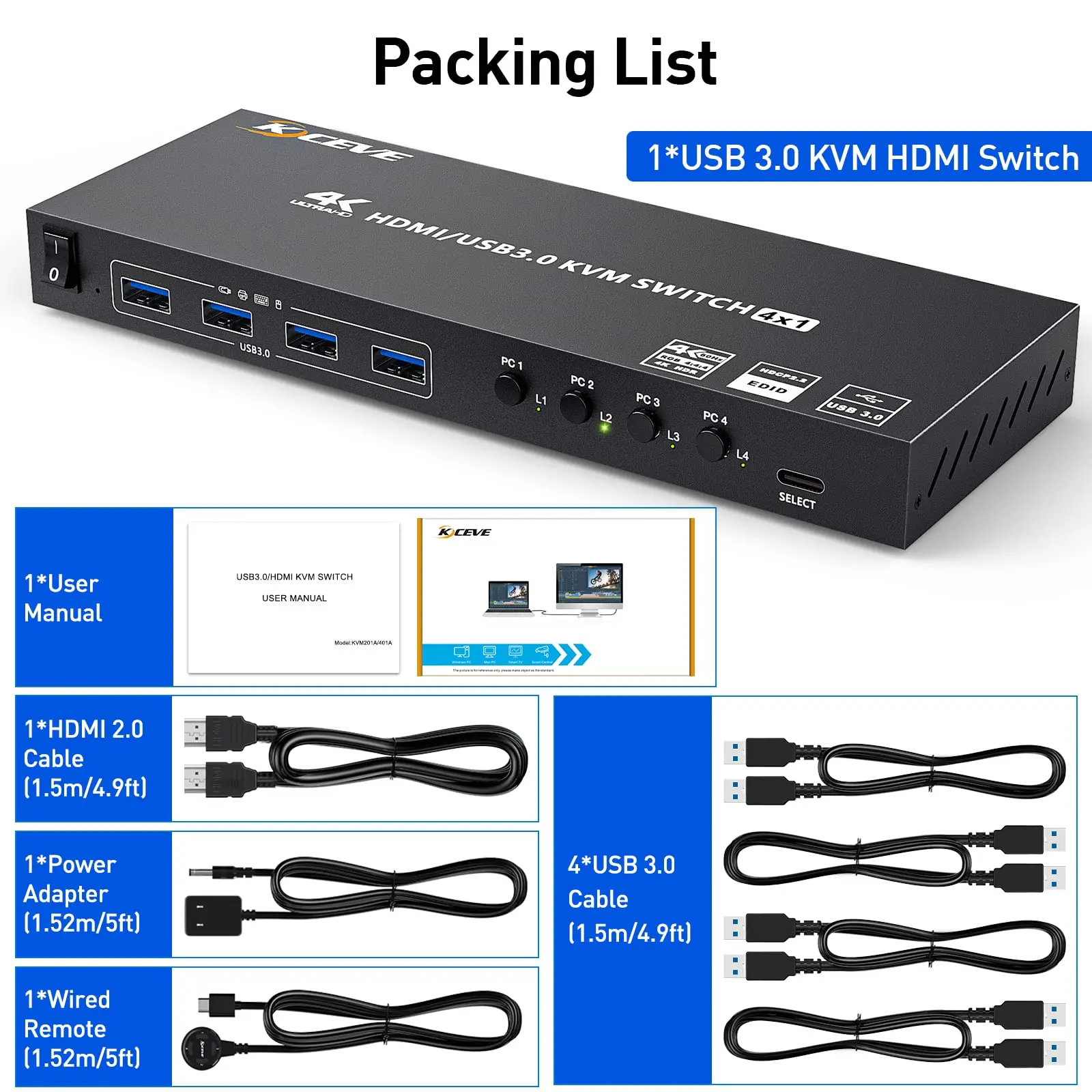 USB 3.0 KVM Switch HDMI 4 Port Support 4K@60Hz Simulation EDID,HDMI USB Switch for 4 Computers Share
