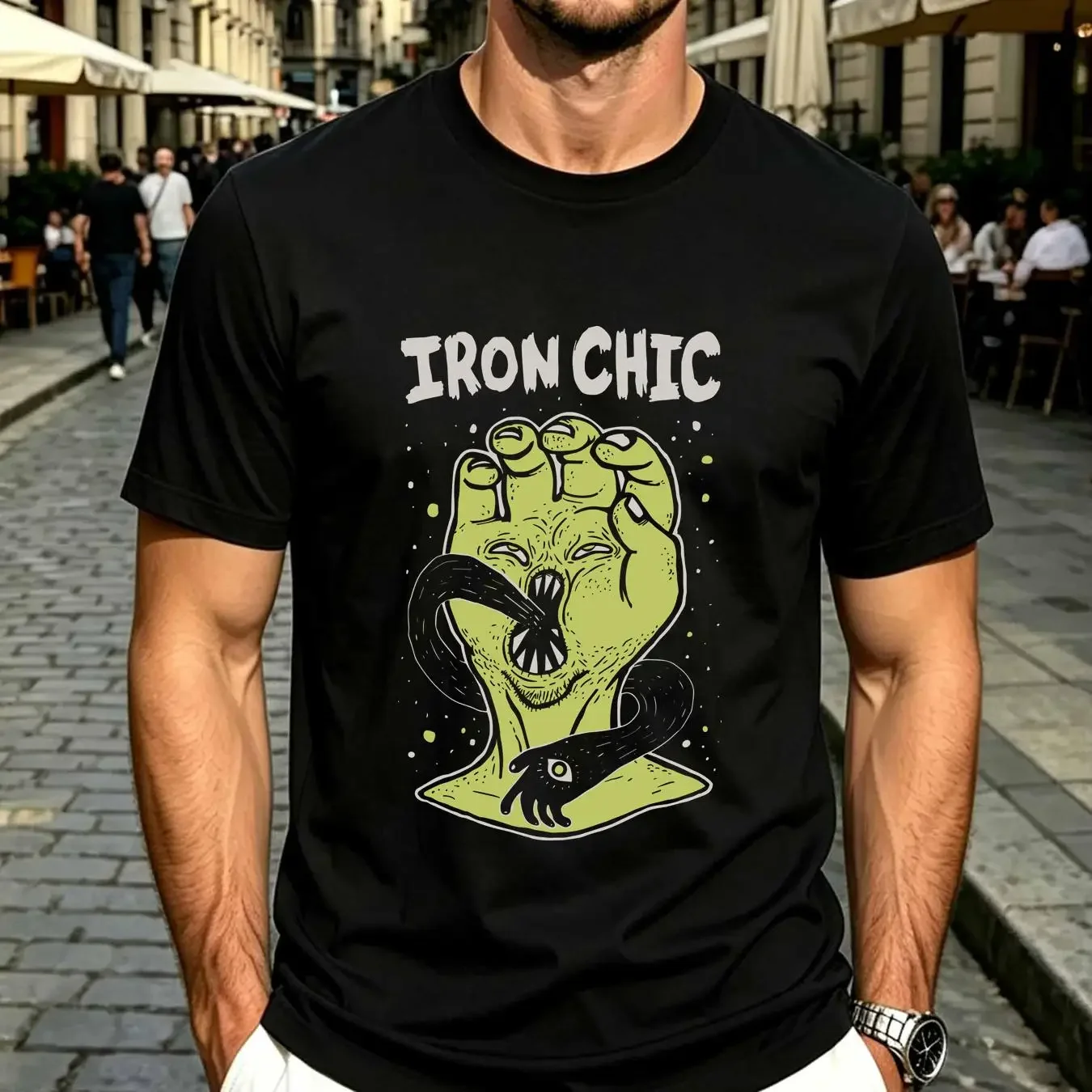 washed T Shirt Retro Hands Iron Chic Band Black S 2345XL long or short sleeves vintage Washed Slightly Soft fashion Breathable