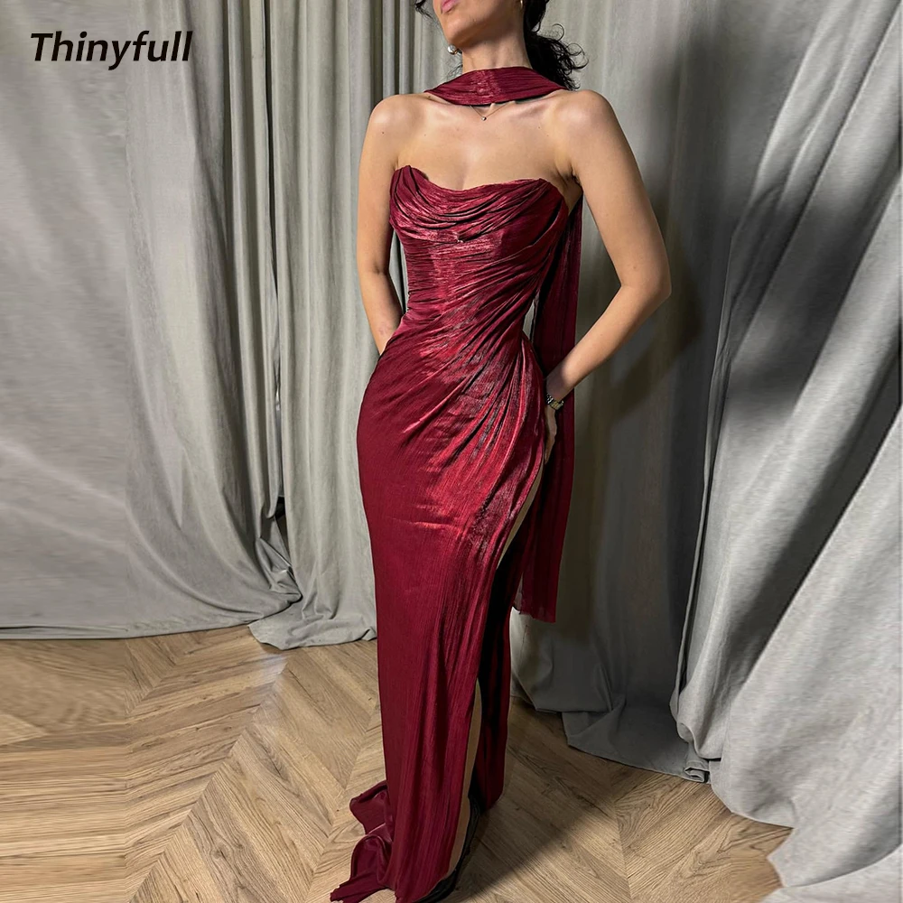 

Thinyfull 2025 Mermaid Arab Prom Dresses Strapless Sleeveless Glitter Satin Evening Gown Dubai Dress robes de soirée Customized