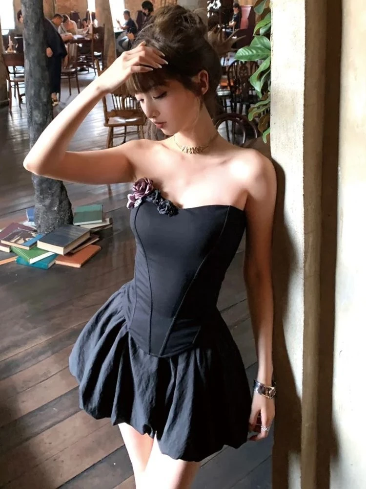 Y2k Harajuku Vintage Dark Gothic Slim 2 Piece Skirt Sets Pure Color Sleeveless Tops + Mini Skirts French Elegant Sexy 2000s Suit