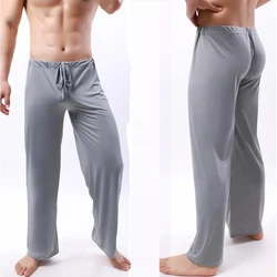 Calça pijama de seda gelo masculina, calças longas finas, ver através do fundo do sono, pijama homewear, pijama doméstico