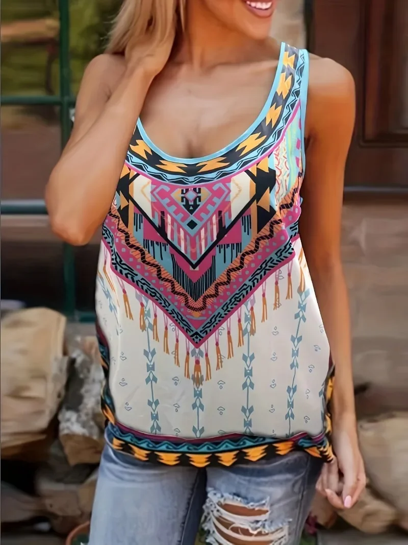 

Plus Size Summer Fashion Women Sexy Irregular Sleeveless Digital Printing Vest Loose Round Neck Tank Tops Bohemian Camisole Tops
