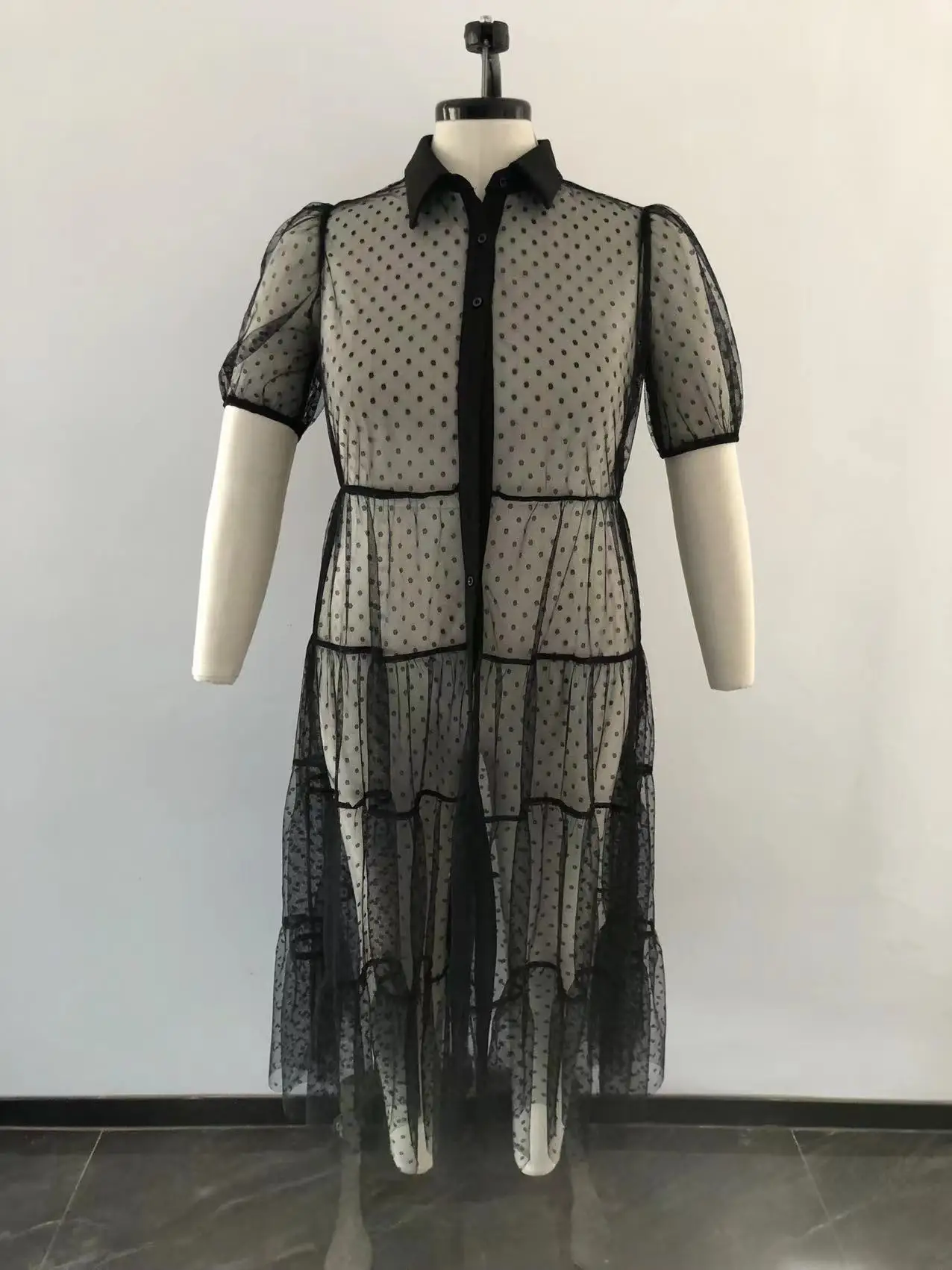 Casual polka dots plus size vestidos para mulher 2022 elegante lapela malha ver através sexy vestido drapeado atacado dropshipping