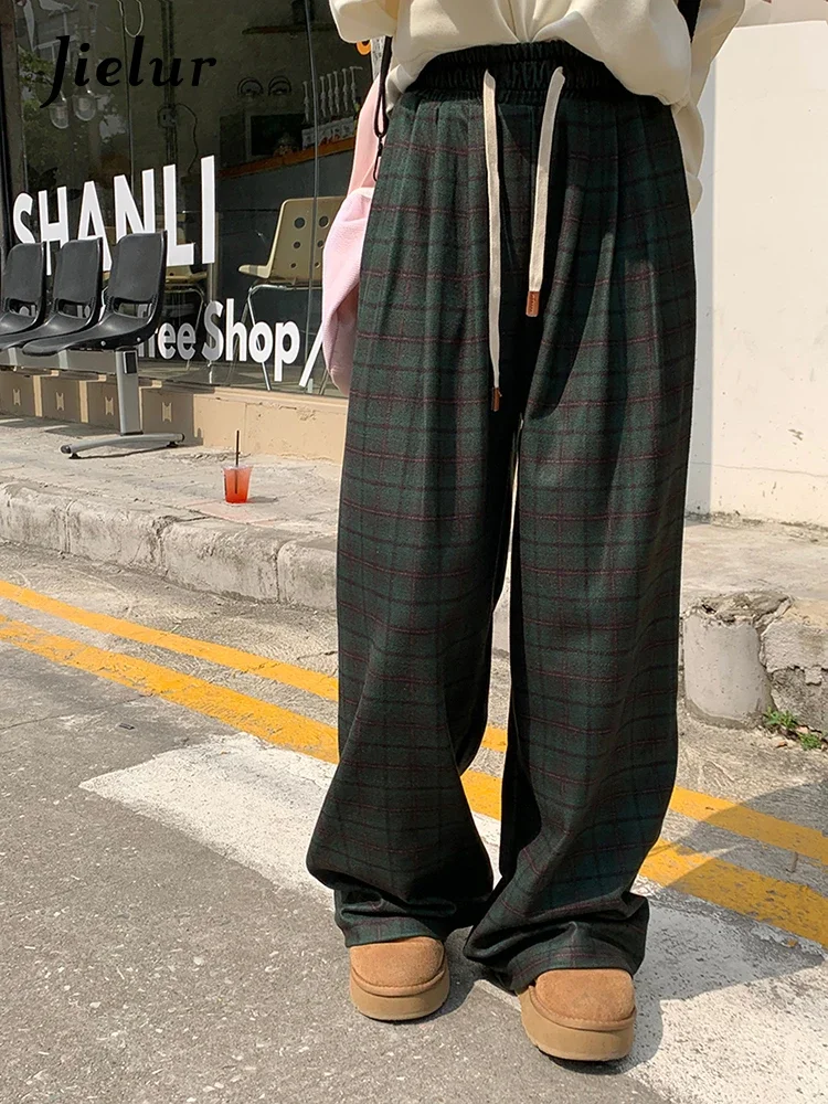 

Jielur New Women's Retro Green Plaid Drawstring Loose Straight Leg Wide Leg Casual Pants Spring Fashion High Waisted Women Pants