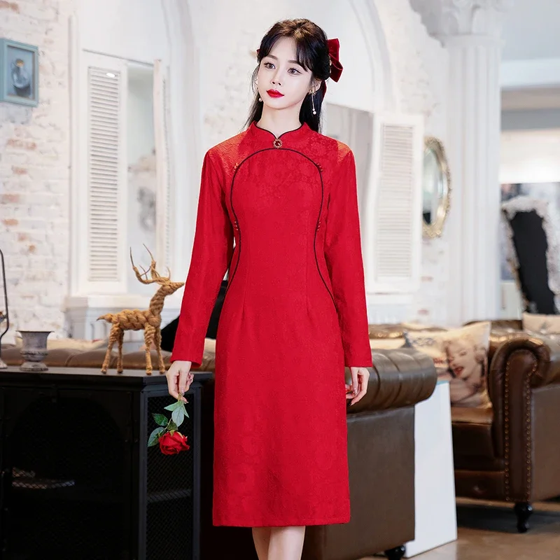 

Chinese Traditional Wedding Long Sleeve Red Cheongsam 2023 New Year Luxury Woman Evening Qipao Dress