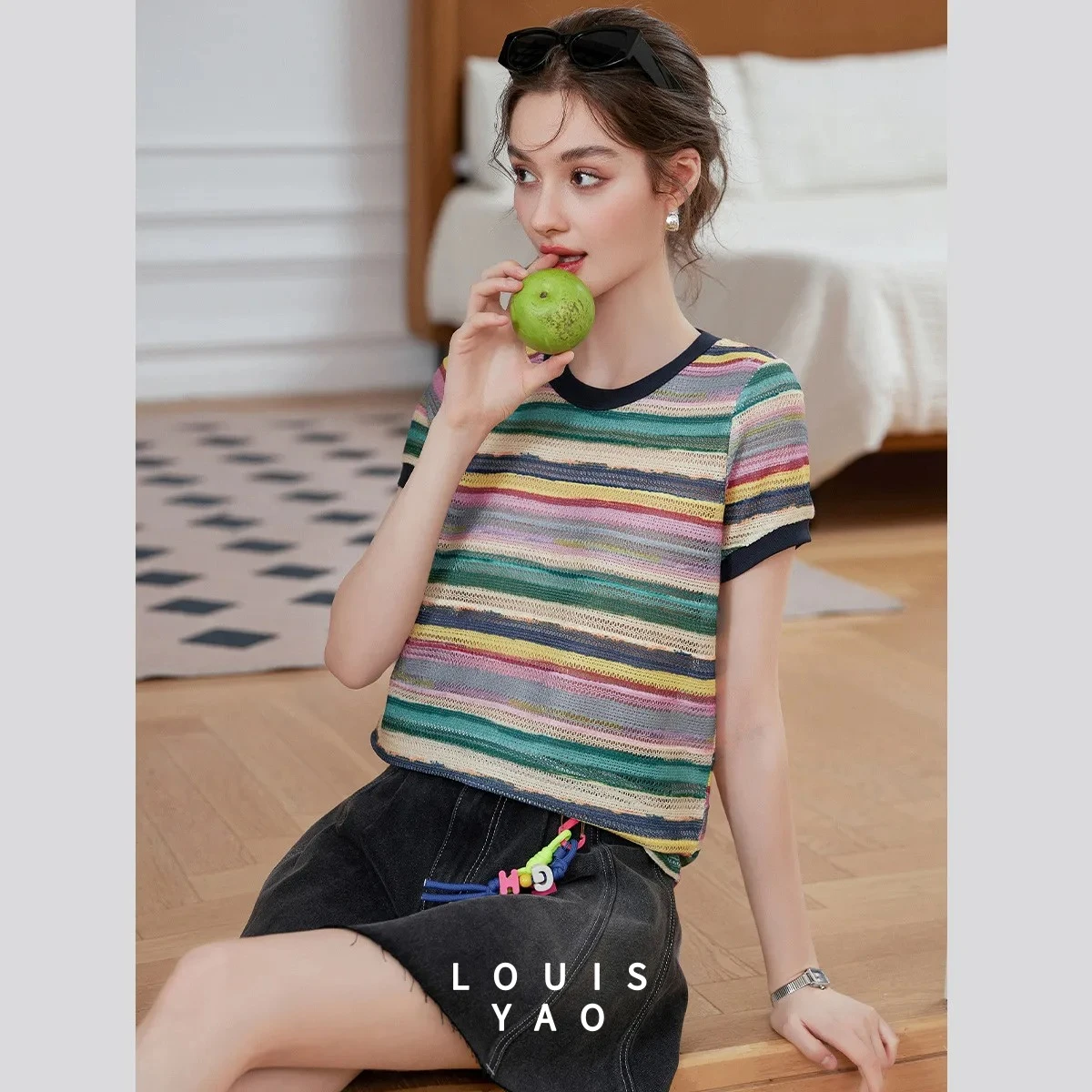 LOUISYAO Women's Knit Short Sleeve T-Shirt 2026 Summer Color Block Stripe Crew Neck Slightly Stretchy Shoulder Fit Fresh Top