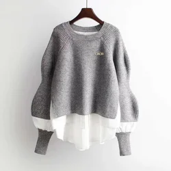 Women's Blouse Autumn Elegant Stitching Fake Two-Piece Knitted Female Pullover Fashion Korean Version Long-Sleeved Ladies Blouse