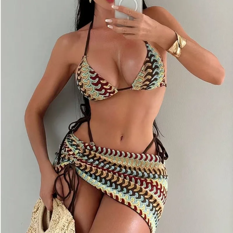 2026 New Arrival Women's 3 Piece Striped Bikini Set Tie Side Top Cheeky Bottom with Wrap Skirt Summer Beach Holiday Swimsuits