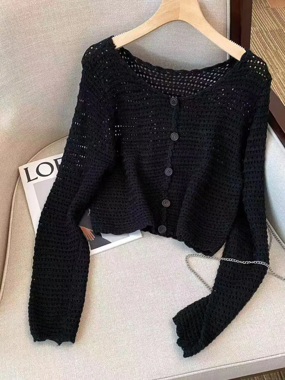 Cardigan Pointelle para mulheres manga comprida botão para baixo suéter de malha jaqueta primavera verão adolescente roupa casual