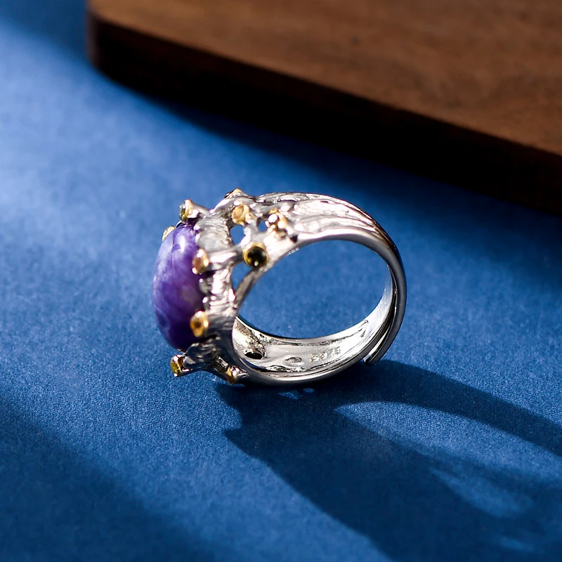 JICAI argento 925 anello da donna gioielli in pietra naturale Charoite rotondo italiano artigianale zircone colore anello da dito Lady