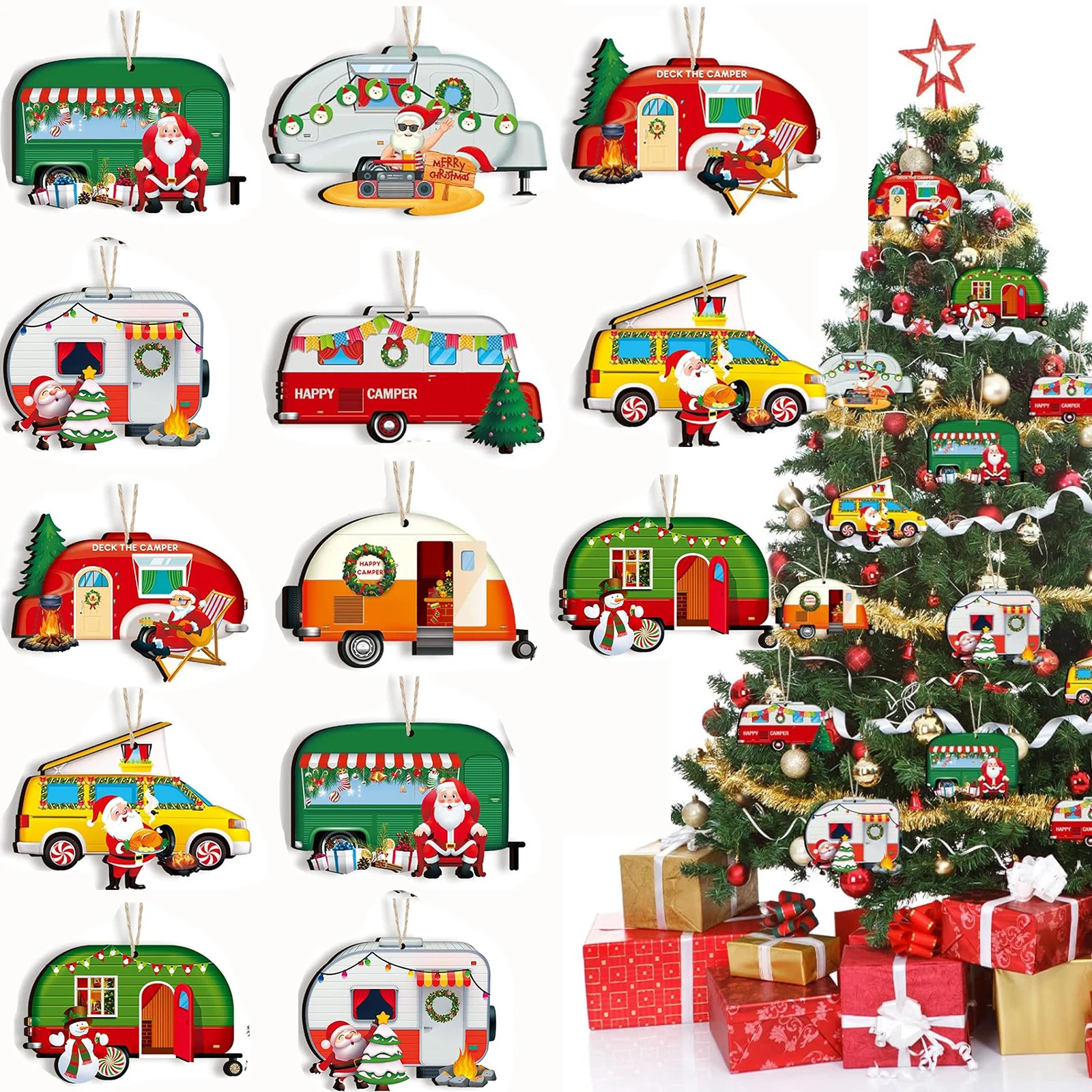 24 Pieces Happy Campers Christmas Ornaments Caravan Christmas Wooden Ornaments Xmas Tree Decorations Vintage Santa RV Trailer