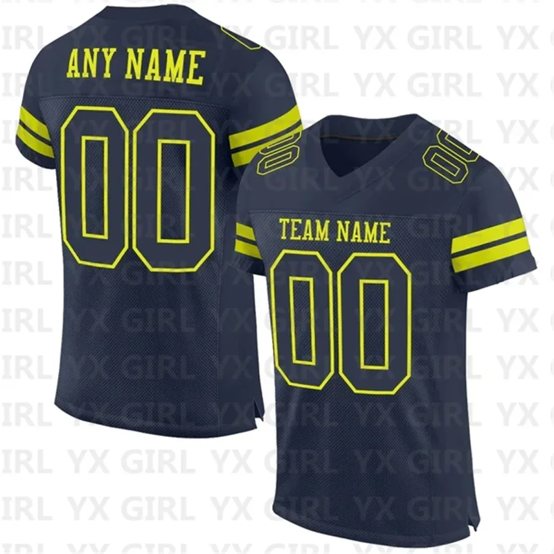 Custom Navy White-Orange Mesh Authentic Football Jersey Personlized Team name and you name number V-Neck Football T-Shirts