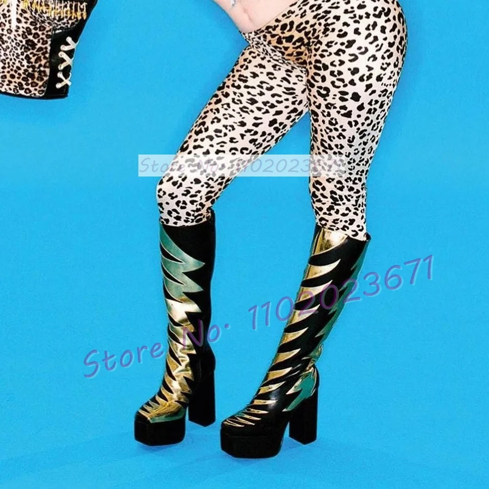 

Gold Lightning Print Platform Boots Women Punk Chic Round Toe Chunky High Heel Shoes Outfit Ladies Party Dress Knee High Boots