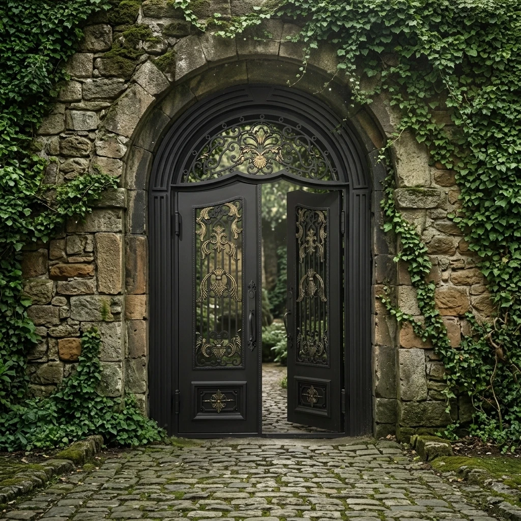 Custom French Style Wrought Iron Double Panels Door with Stainless Steel Screen Water Resistant Villa Entrance