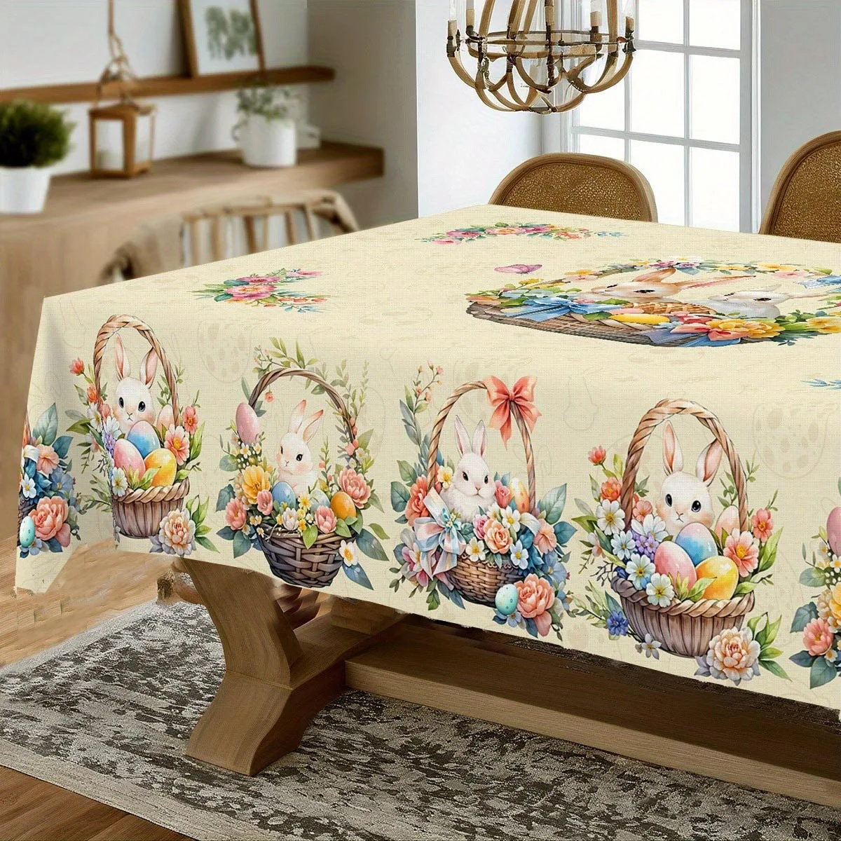 Tablecloth Easter Bunny Floral Tablecloth - Colorful flower baskets and Easter eggs design