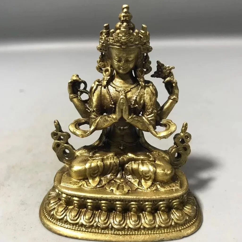 Chinese pure brass four arm guanyin small statue