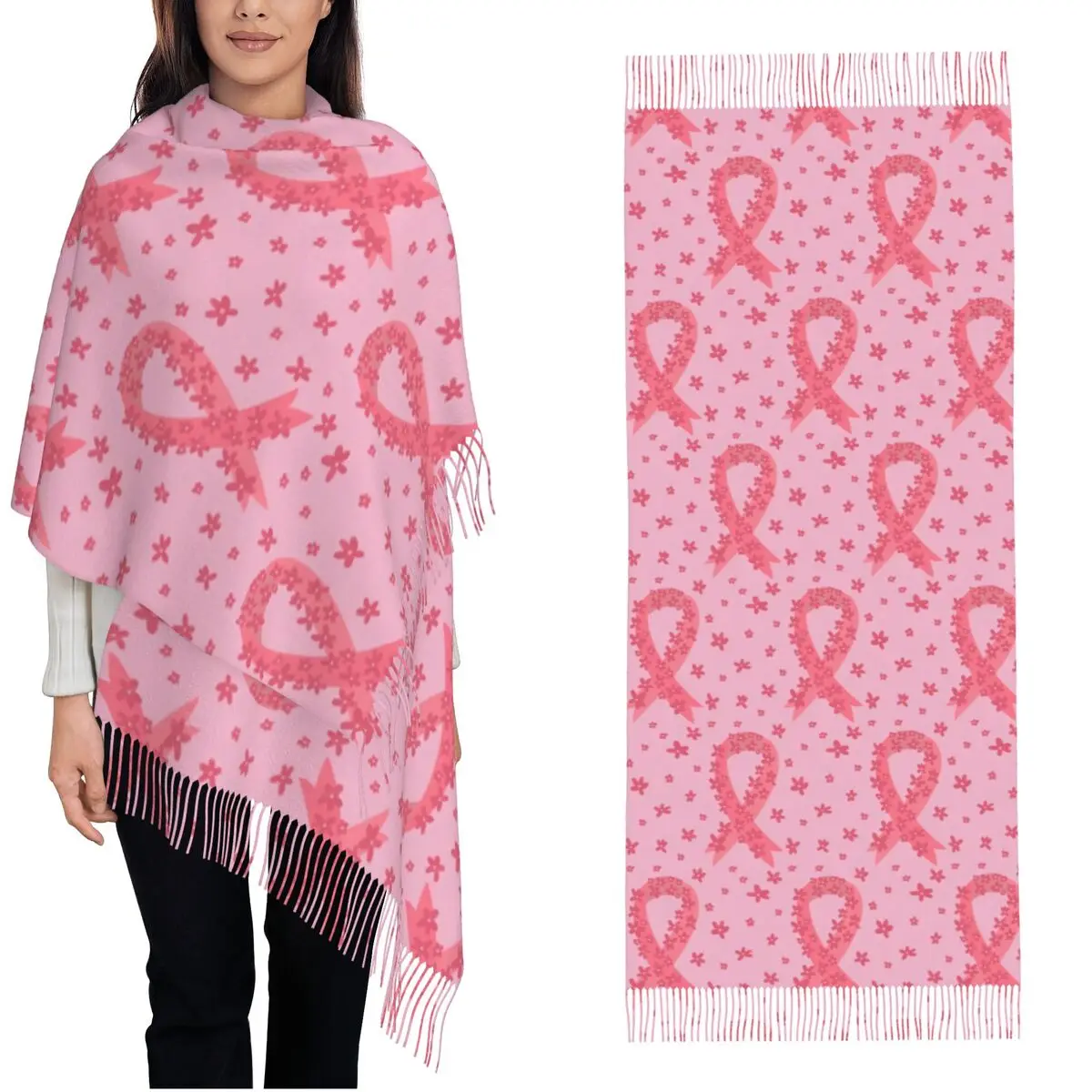 Pink Ribbon Scarf Winter Warm Pashmina Shawls and Wrap Breast Cancer Awareness Long Scarves with Tassel for Daily Wear