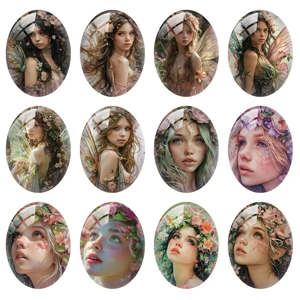 Random Mixed Round/Oval/Square Flower Forest Elves Fairy Girl Photo Glass Cabochon Flatback Demo Cameo For Diy Jewelry Making
