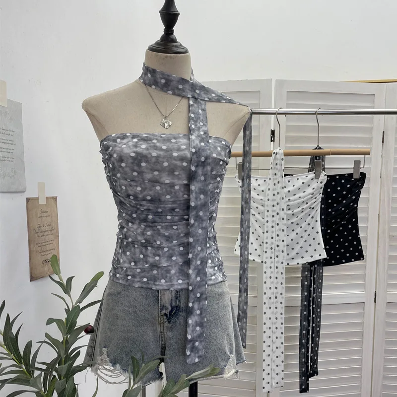 Y2K Hot Girl Sexy Polka Dot Print Mesh Spaghetti Strap Bandeau Top Flowing Ribbon Off Shoulder Sleeveless Cropped Blouse 1597