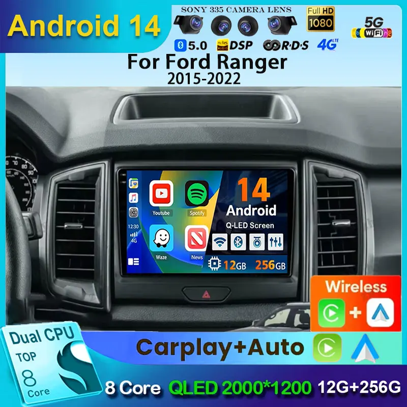 Android 14 Car Radio Stereo QLED Screen For Ford Ranger 2015 2016 2017 2018 2019-2022 GPS Multimedia Carplay Autoradio Head unit