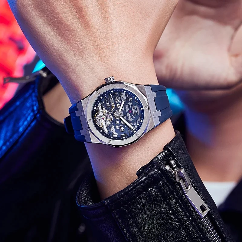 AILANG 8533 Men Octagonal Skeleton Automatic Mechanical Watch, Silicone Strap Luminous Waterproof Sports Wristwatch